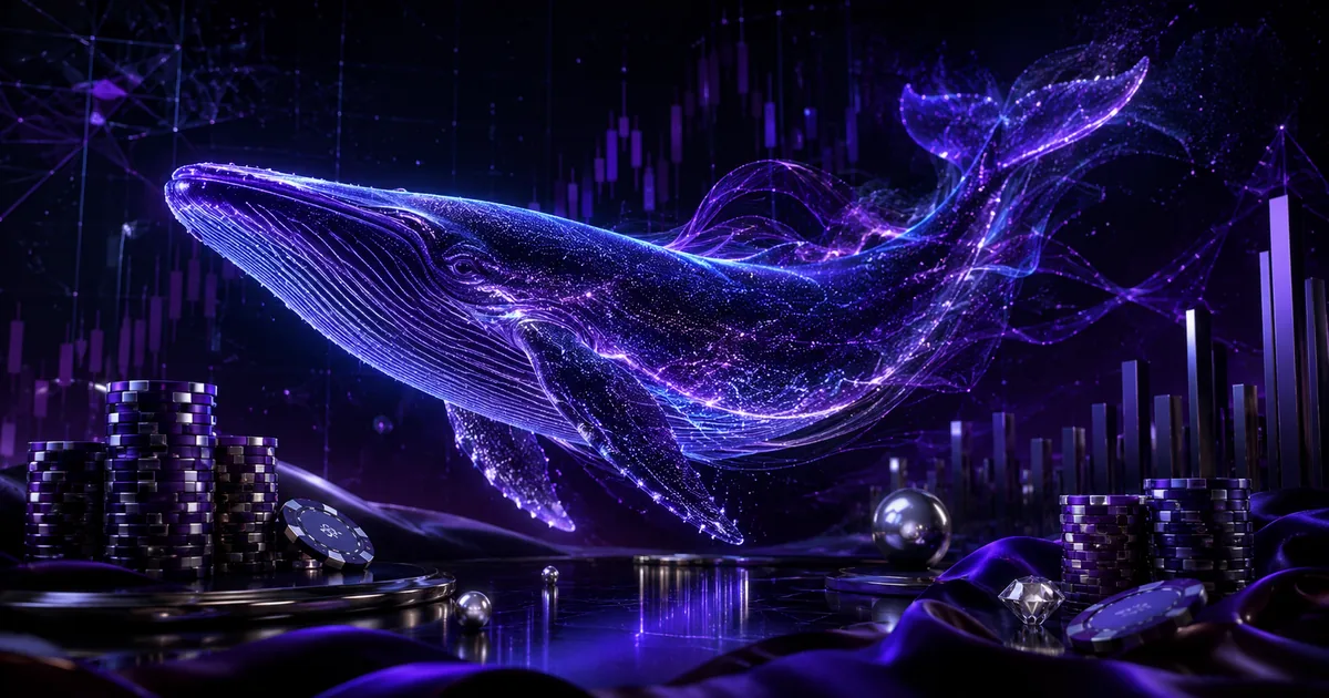 Glowing data-stream whale over a neon casino skyline, evoking high-limit crypto play