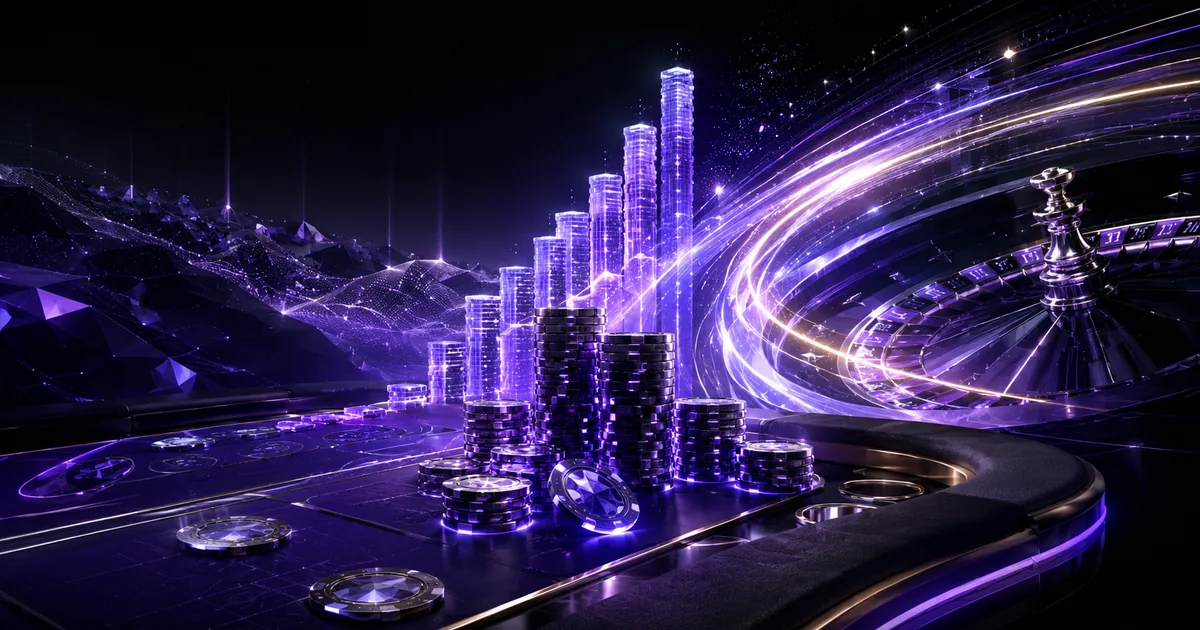 Violet casino chip stacks rising like a skyline beside a sweeping roulette arc